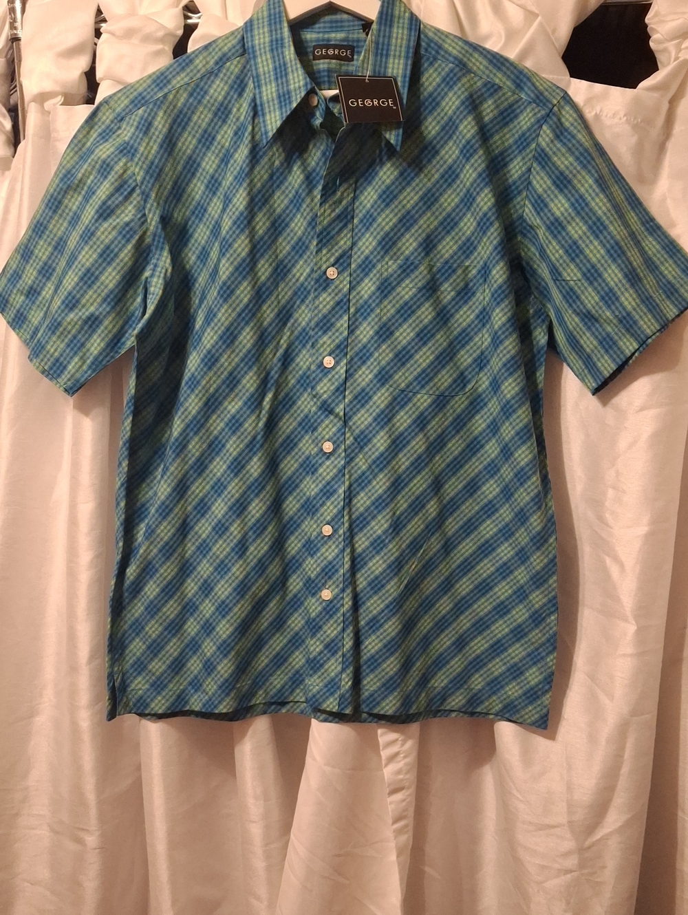George Short-Sleeve Plaid Button-Down Shirt in Blue and Green